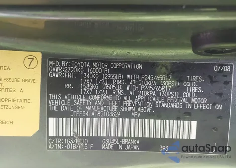 2008 Toyota Highlander z USA, uszkodzony, nr VIN JTEES41A182104829